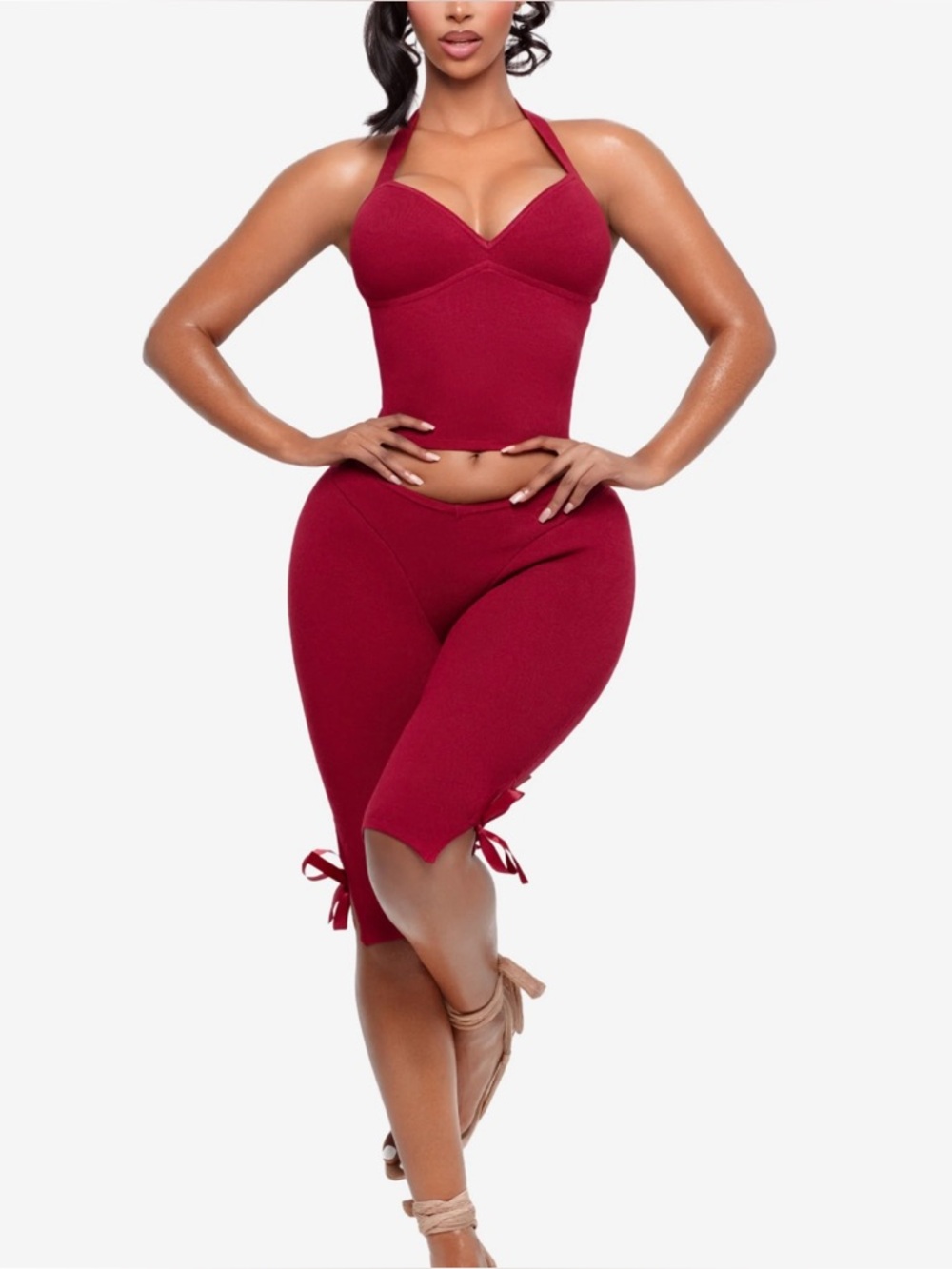 Yagi world store Bardot Halter Top and Moon Bow Capri in Burgundy